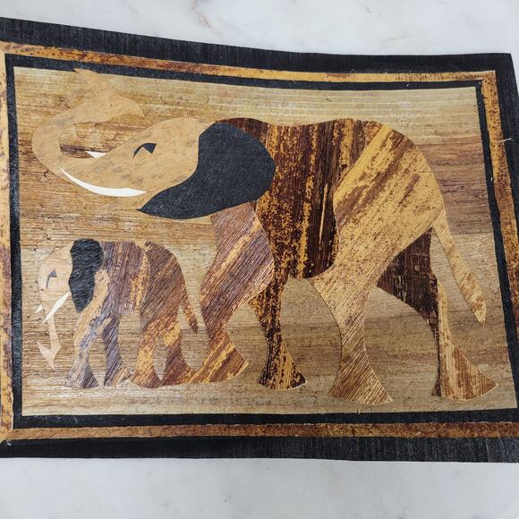 Vintage Banana Leaf Elephant and Rhino Painting Unframed Safari Wall Art - Picture 2 of 11